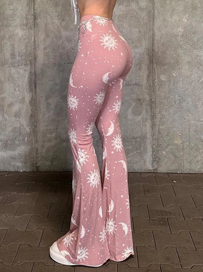 Summer Pink Pants Slim Printed Long Flared Pants Low-rise Patchwork Abstract Y2k Pants