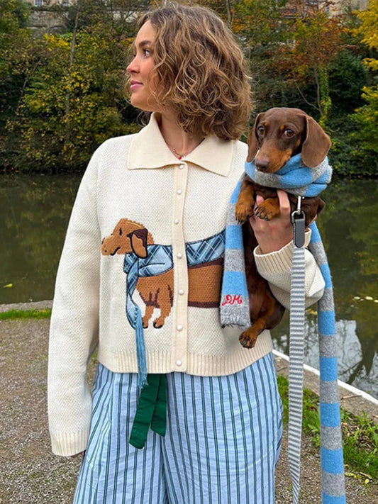 Knitted Printed Dog Cardigan Lapel Single Breasted Short Sweaters Female Autumn Street Knitwear