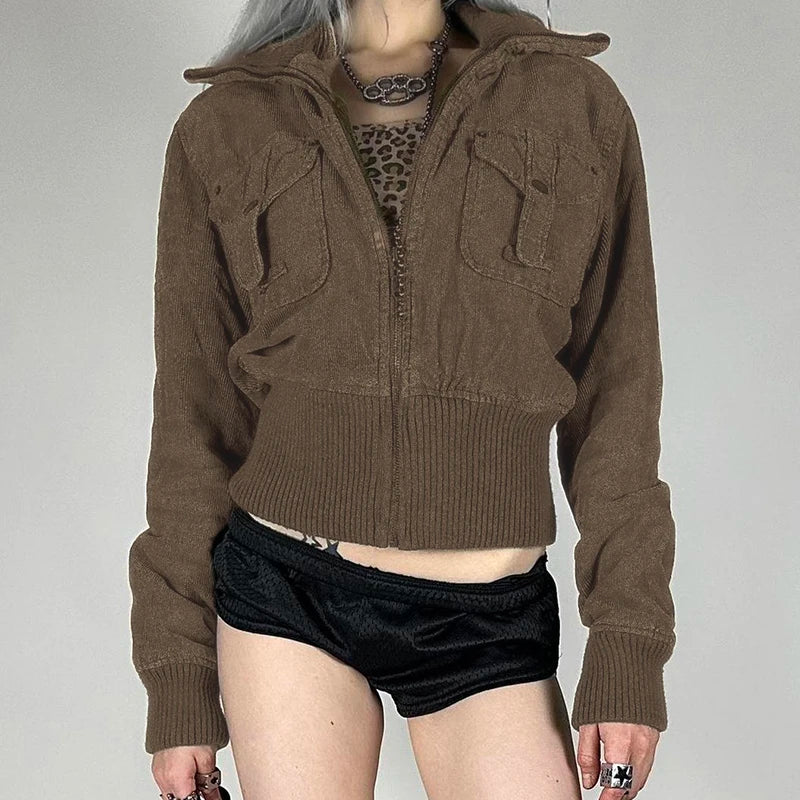 Y2k Corduroy Jacket Autumn 2000s Brown Zip Up Coat Pocket Detail Slim Fit Outerwear
