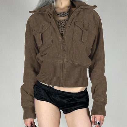 Y2k Corduroy Jacket Autumn 2000s Brown Zip Up Coat Pocket Detail Slim Fit Outerwear