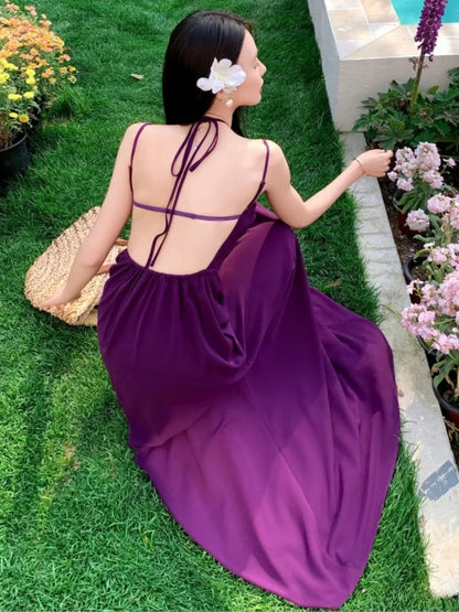 Backless Long Dresses Spaghetti Strap Halter Laceup Wedding Evening Party Dress French Style Aline Vestidos