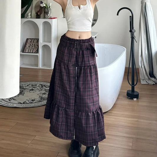 American Pleated Zipper Loose Aline Skirt Autumn New High Waist Contrast Color Plaid Midlength Skirt