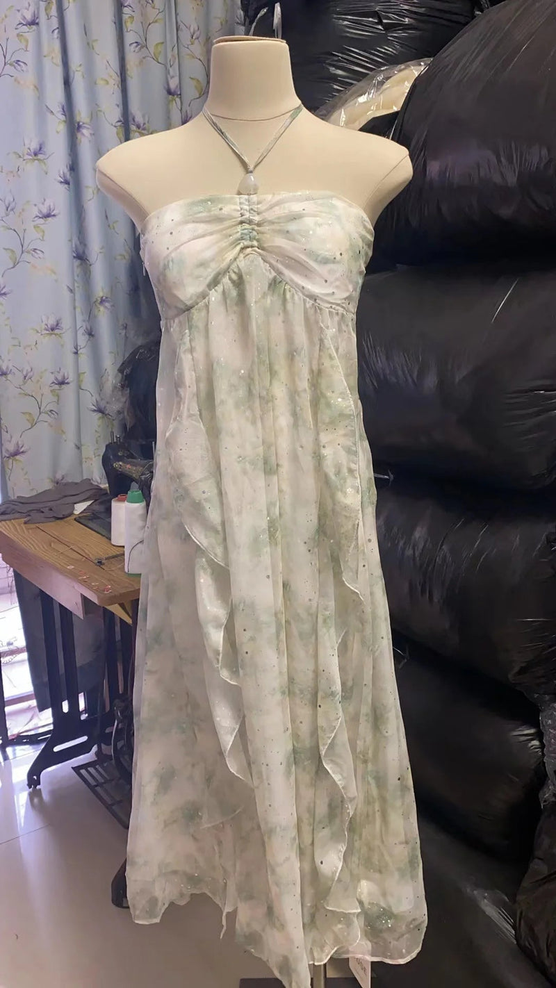 Sleeveless Midi Dresses for Beach Style Chiffon Hanging Neck Strap Holiday Sundress One Piece Vestidos