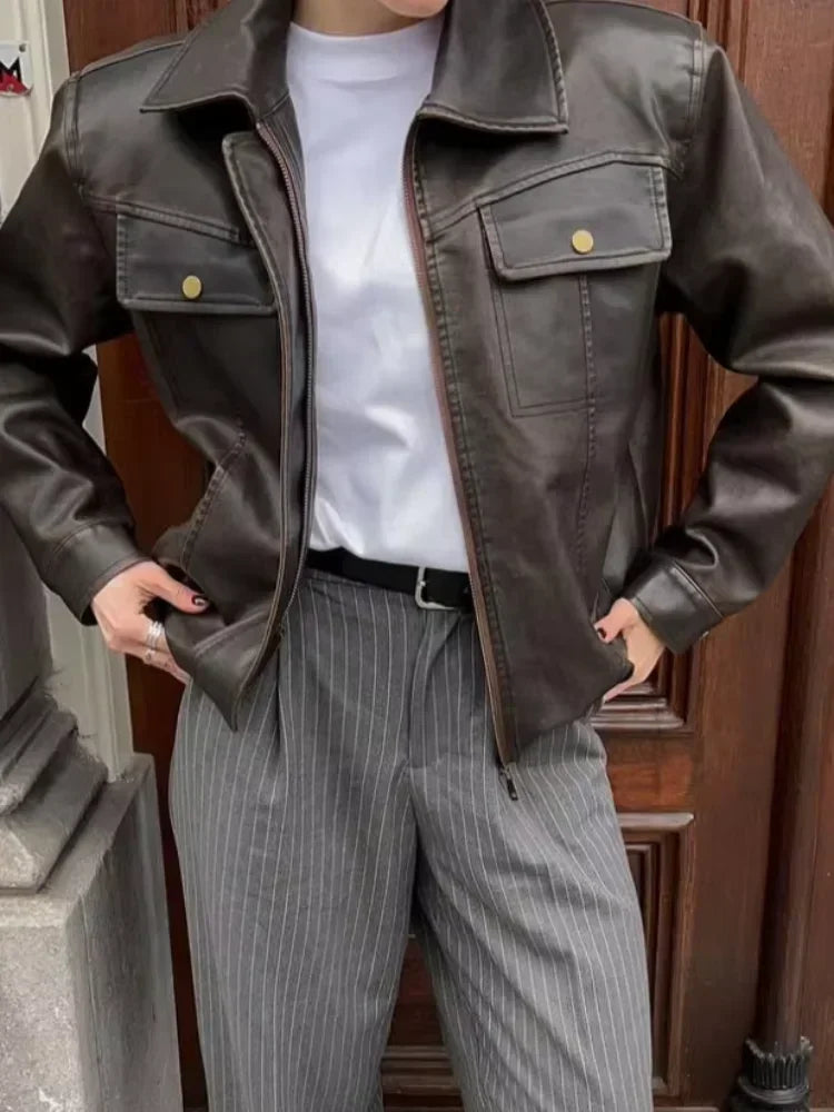Lapel With Packet Pu Leather Jacket Long Sleeve Zipper Buttons Short Coat Lady New Highstreet Outwear