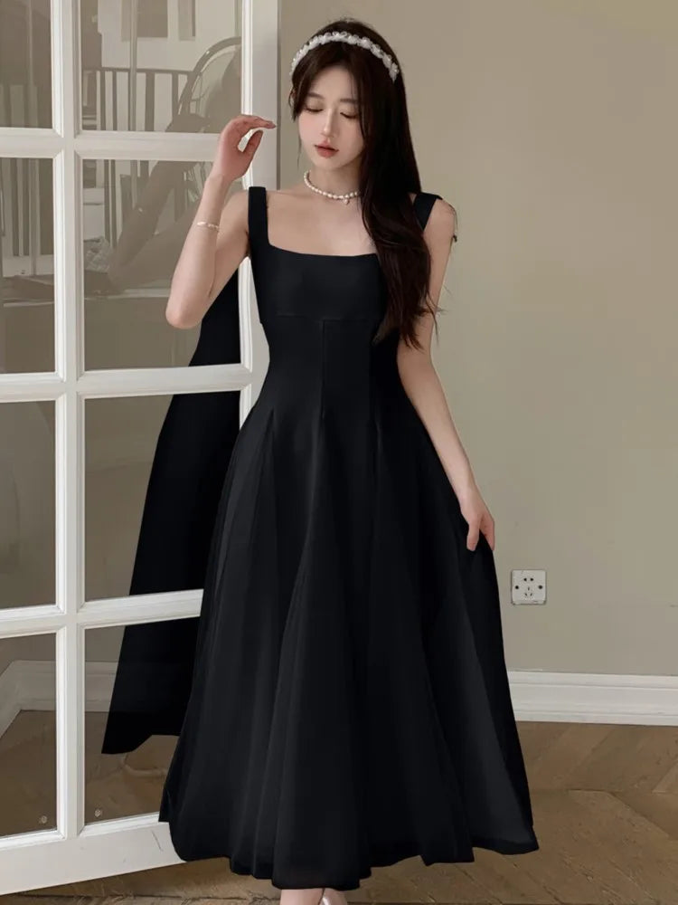 Summer Spring Fairy Dresses Mesh Patchwork Square Collar Sleeveless Evening Party Midi Dress Female Vestidos Robe