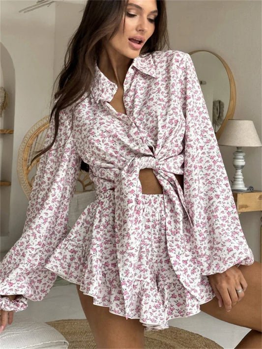 Printed Lace-up 2 Piece-set Shorts Outfits Female Lapel Contrast Patchwork Top Cardigan and High Waist ’s Shorts Sets