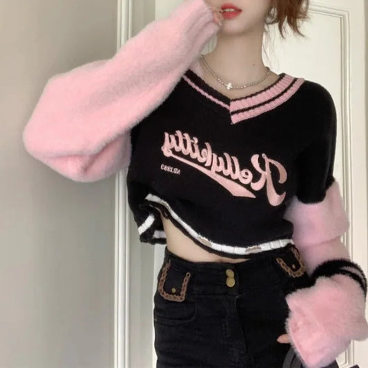 Korean Sweet Vneck Off Shoulder Pullovers Autumn New Embroidery Lazy Tops Y2k Egirl Long Sleeve Sweaters Mujer