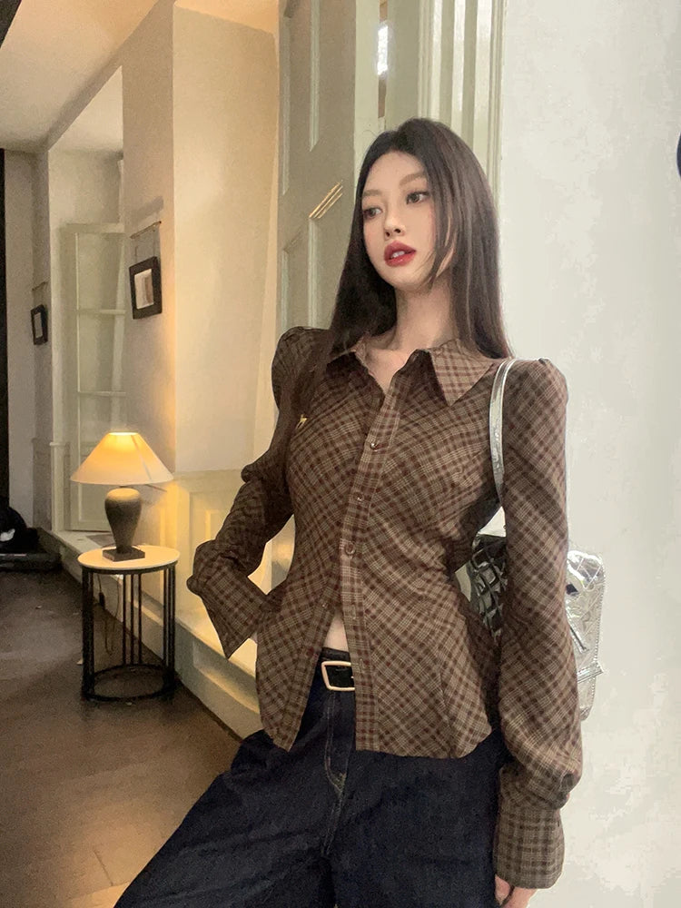 Plaid Shirt Brown Embroidered Waistband Tied Blouse Puff Sleeve Tops Spring Slim Button Up Clothes