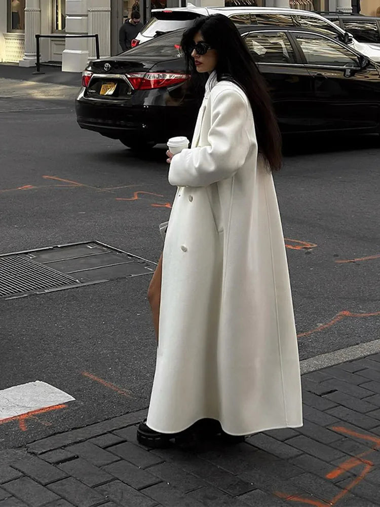 Oversize Lapel Extra Long Woolen Overcoat Double Breasted Cropped Overgarment Lady Commute