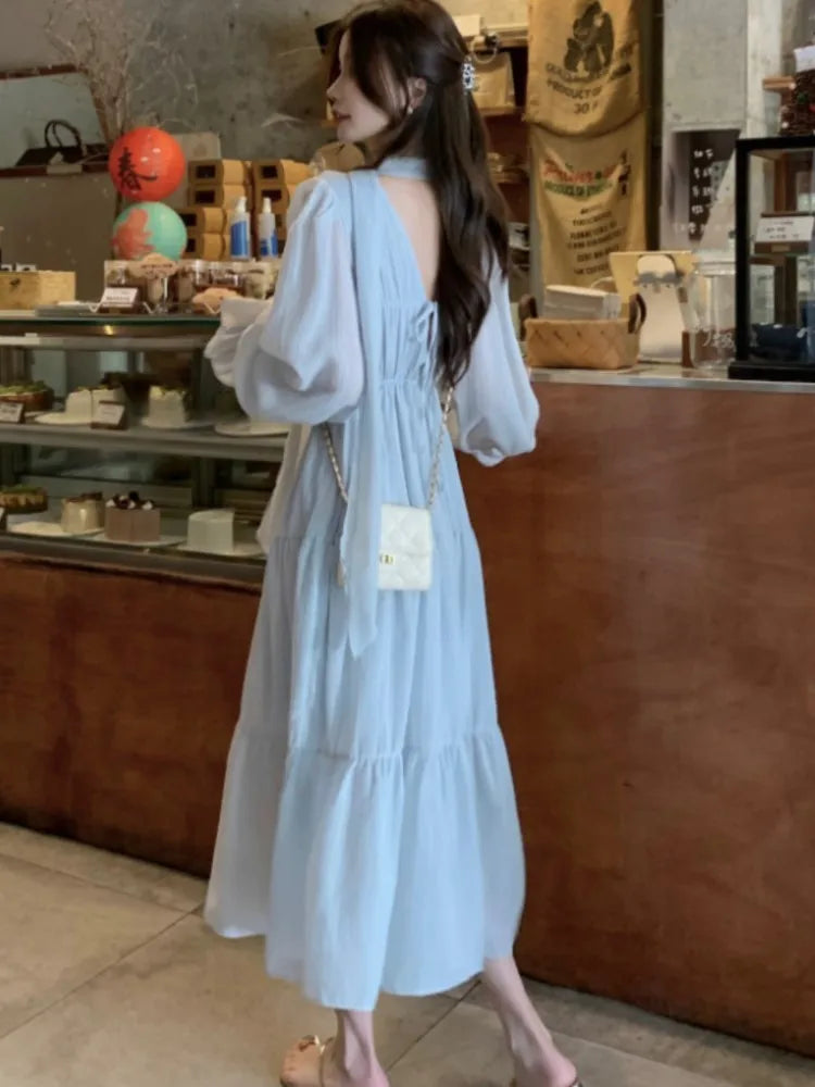 Autumn Midi Dresses for V-neck Flare Sleeves A-line Korean French Vestidos Mujer New