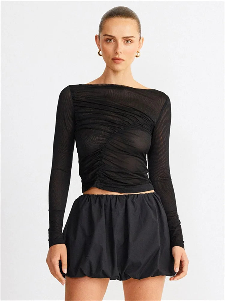 Summer See-through Mesh T-shirt Top Pleated Patchwork See-through Slim Cropped Top Tee Female T-shirt Pullover