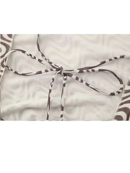 Summer 2 Piece Set Wave Print Halter Tank Top Backless Lace Up Tops Female High Waist Pencil Skirts