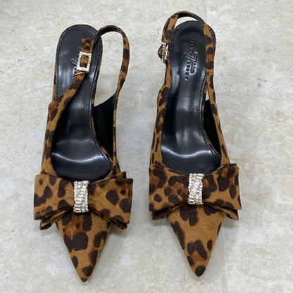 Leopard Thin High Heels Butterflyknot Office Shoes Summer Pointed Toe Sandals Pumps Sandalias De Mujer
