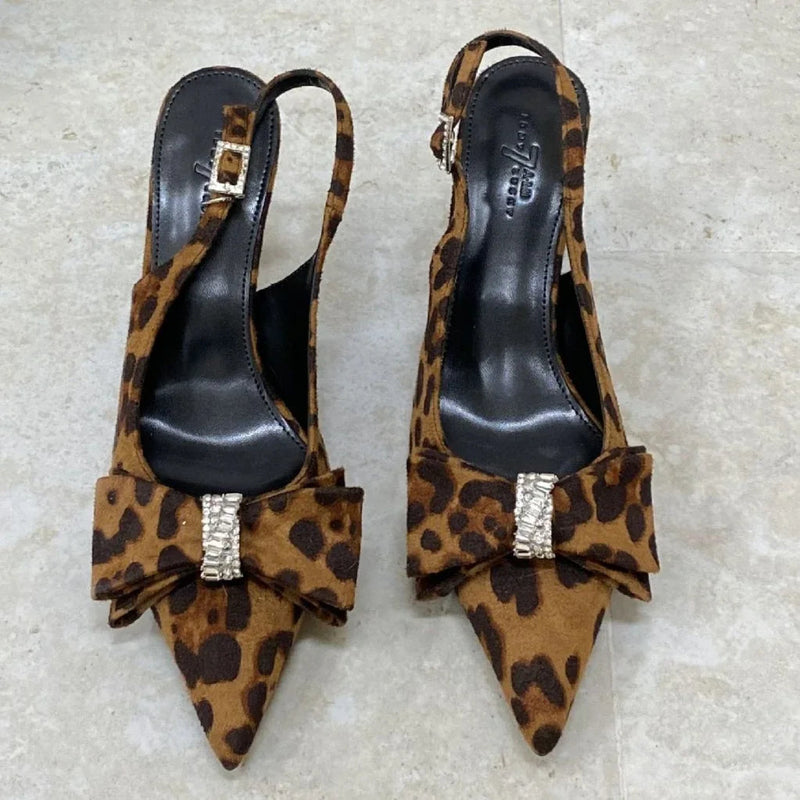 Leopard Thin High Heels Butterflyknot Office Shoes Summer Pointed Toe Sandals Pumps Sandalias De Mujer