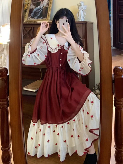 Heavy Industry Embroidery Splicing Contrasting Color Princess Dress Female Doll Collar College Style Sweet Long Dress for