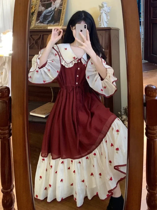 Heavy Industry Embroidery Splicing Contrasting Color Princess Dress Female Doll Collar College Style Sweet Long Dress for