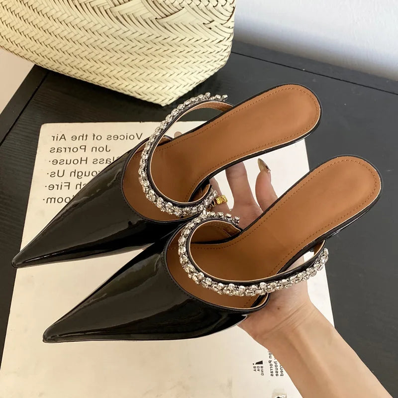 Spring Street Crystal Slipper Pointed Toe Thin Low Heel Sandal Slip on Mules Shoes Zapatos Mujer