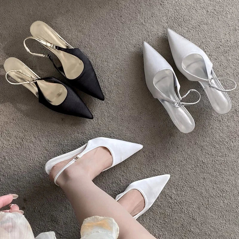 Satin Pointed Toe Mules Pumps Sandals Spring Shallow Thin Low Heels Female Shoes