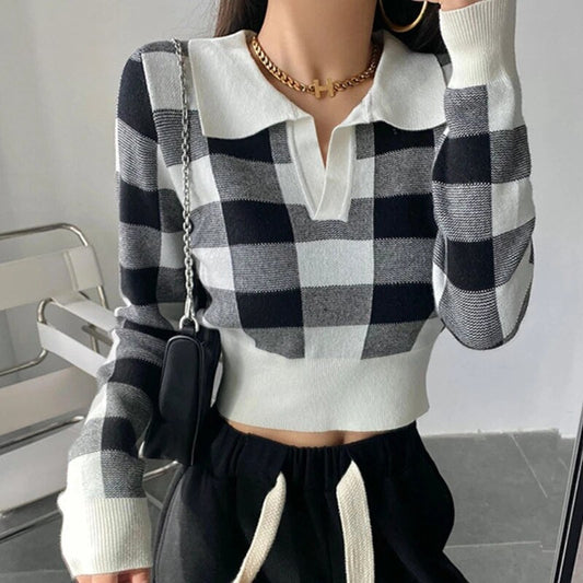 Autumn Winter Knitwear Crop Tops Pullover Sweaters Female Long Sleeve Elastic Plaid Knitted Shirts F4040