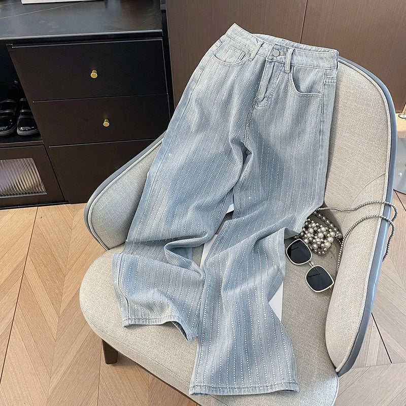 Korean Shiny Hot Diamond Temperament High Waisted Straight Tube Loose and Slimming Narrow Version Wide Leg Denim Pants for