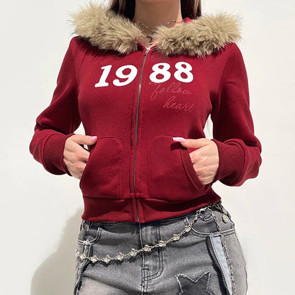 Y2k Fur Trim Hooded Sweatshirt Red Letter Print Zipper Coat With Pocket Winter 90s Outwear