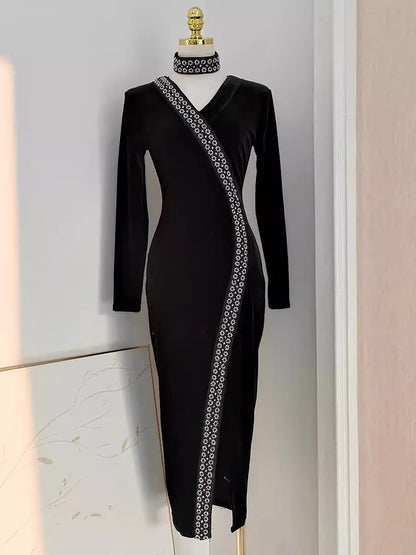 Beading Velvet Midi Dress V Neck Halter Black Bodycon Evening Split Vestidos Spring Female Wedding Party Clothes