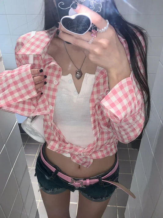 Y2k Pink Plaid Shirts Check Graphic Long Sleeve Blouses Female Spring Autumn Slim Button Up Cardigan Ins