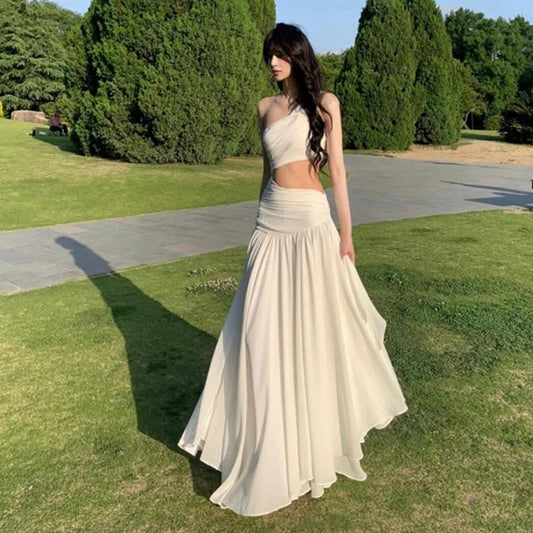 Fairy Beach Style Aline Maxi Dresses for Sleeveless One Shoulder Crop Ruffles Y2k Party Long Dress Vestidos