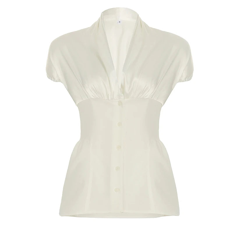 French Retro Satin Aline Shirt Slimming Short Sleeve Vneck Blouses Office Top Allmatch