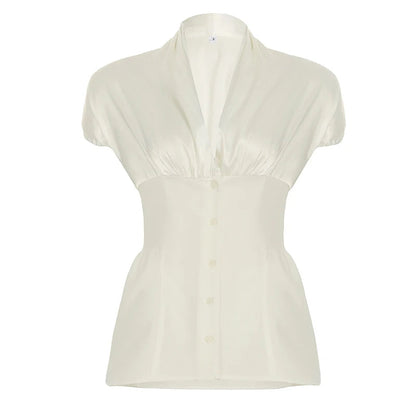 French Retro Satin Aline Shirt Slimming Short Sleeve Vneck Blouses Office Top Allmatch