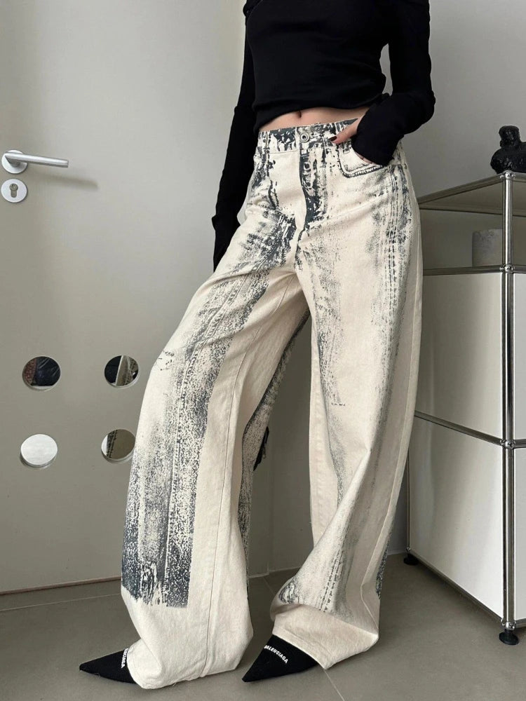 Tie Dye Jeans Hip Hop Baggy Street Do Old Straight Wide Leg Denim Trousers Y2k Dirty Female Pants