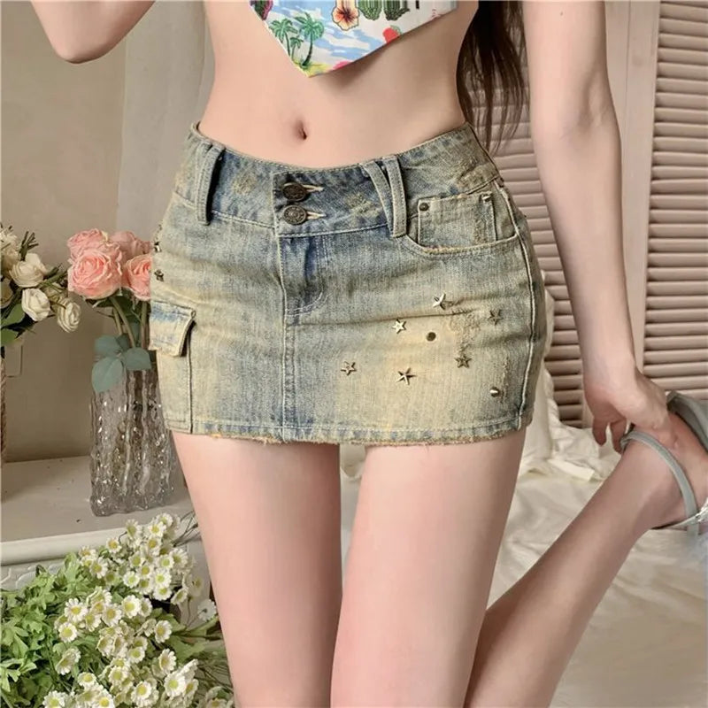 Y2k Willow Nail Heavy Industry Denim Skirt Summer New Low Waist Wrapped Hip Short Skirt