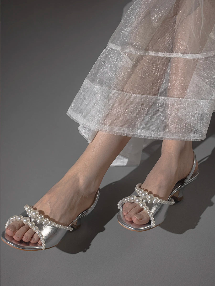 Pearls Edge Open Toe Sandals Block Heels Back Straps Shallow Summer Sandal Dress Party Rubber Sole Shoes