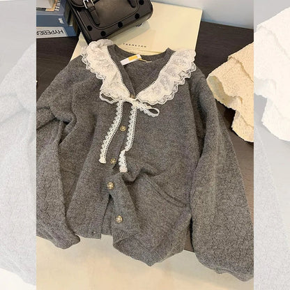 Sweet Kawaii Sweater Gray Lace Doll Neck Knit Cardigan Clothing Autumnwinter Soft Lazy Vneck Coat