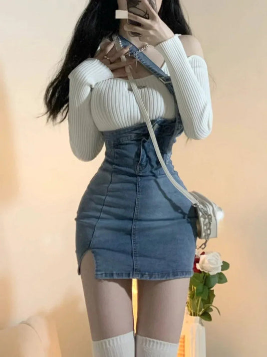 Autumn Knitted Suits Y2k Sweater + Jean Dress 2 Piece Dress Set Korean Clothing