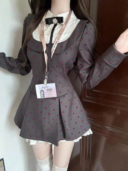 College Style Dress French Lapel Fake Twopiece Polka Dot Splicing Fungus Waist Dress Autumn New Aline Skirt