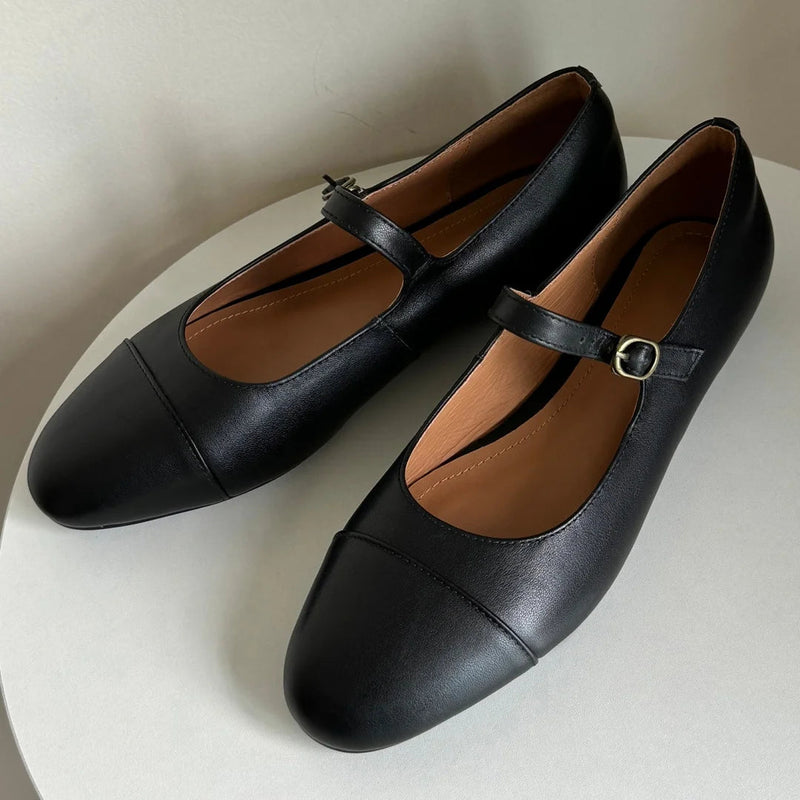 Genuine Leather Round Toe Slipon Mary Jane Flats Soft Comfortable Female Daily Footwear Shoes for Woman New