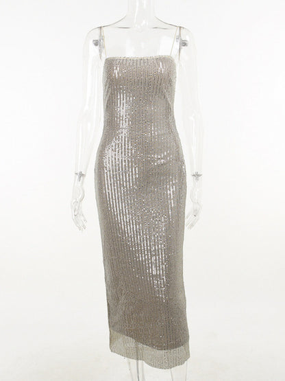 Spaghetti Strap Sparkle Maxi Dress Glitter Split Sleeveless Long Dress Party Club Dress