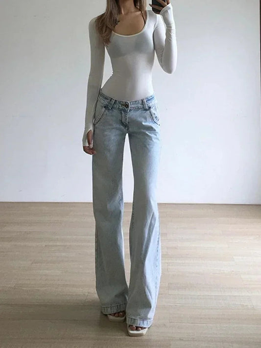2000s Light Blue Low Waist Jeans New Woman American Denim Pants Female Washed Straight Pantalons Mujer