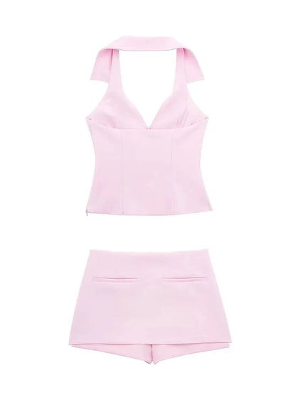 2 Piece Set Halter Tank Tops Sleeveless Slim Cropped Top Female High Waist Mini Skirts Shorts