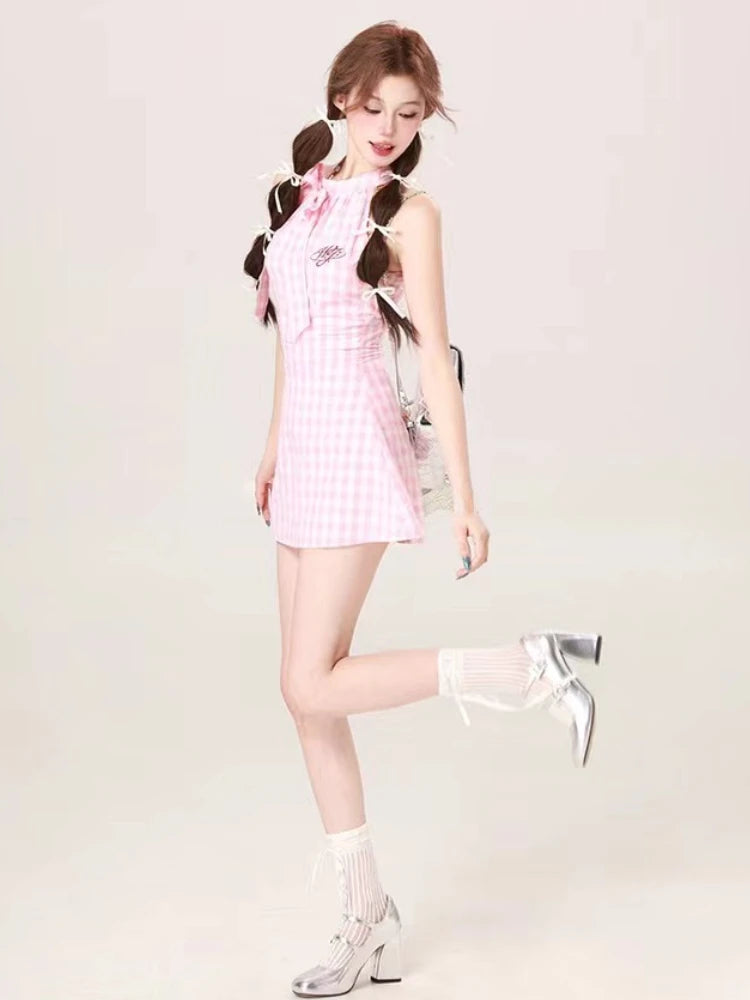 Summer Causal Sweet Plaid Mini Dress French Slim Party Dress Japanese Style Kawaii One Piece Dress