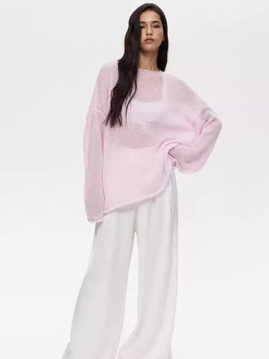 Knitted Hollow Sweater Pullover ’s Loose Long-sleeved Color Round Neck See-through Street Top Pullover