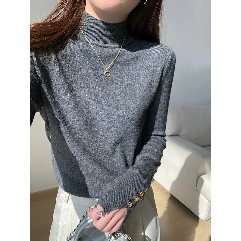 Half Turtleneck Sweater Korean Black Knitted Pullover Long Sleeve Knitwear Fall Winter Buttons Slim Jumpers
