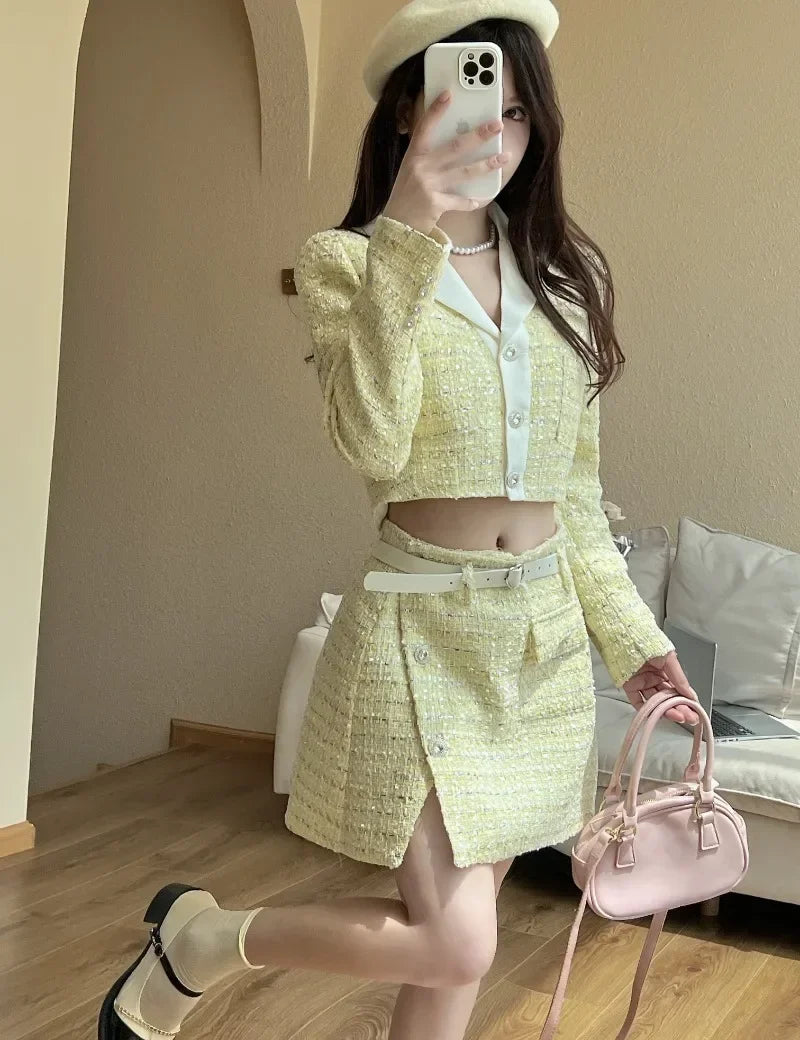 Sweet Hot Girl Suit Autumn Longsleeved Tweed Short Coat High Waist Aline Skirt Twopiece Set Female Clothes