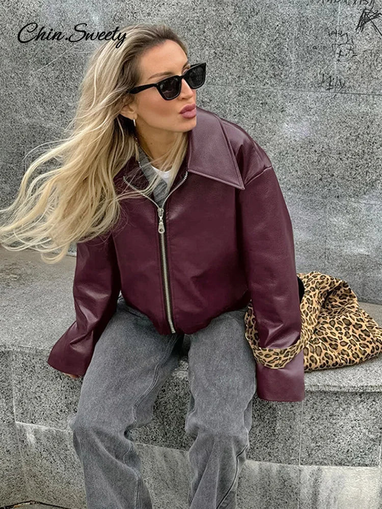 Lapel Leather Bomber Jacket Loose Zipper Long Sleeves Locomotive Coat Autumn New Lady High Street Outerwear