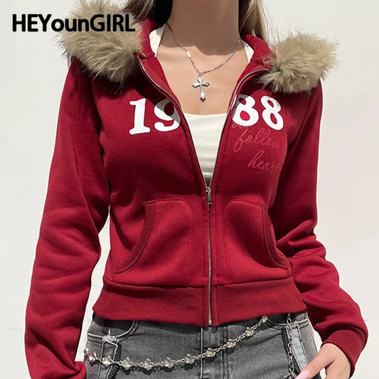 Y2k Fur Trim Hooded Sweatshirt Red Letter Print Zipper Coat With Pocket Winter 90s Outwear