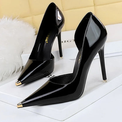 Shoes Black Patent Leather High Heels Metal Pointed Pumps Party Shoes Stilettos 7 Cm 10.5cm Heels