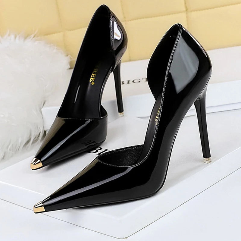 Shoes Black Patent Leather High Heels Metal Pointed Pumps Party Shoes Stilettos 7 Cm 10.5cm Heels