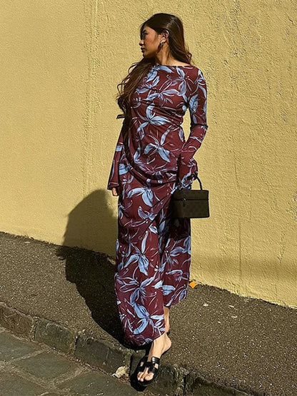 Retro Printed O-neck Holiday Dress Full Sleeve Waist-cinching Long Dresses Female Summer Street Vestidos