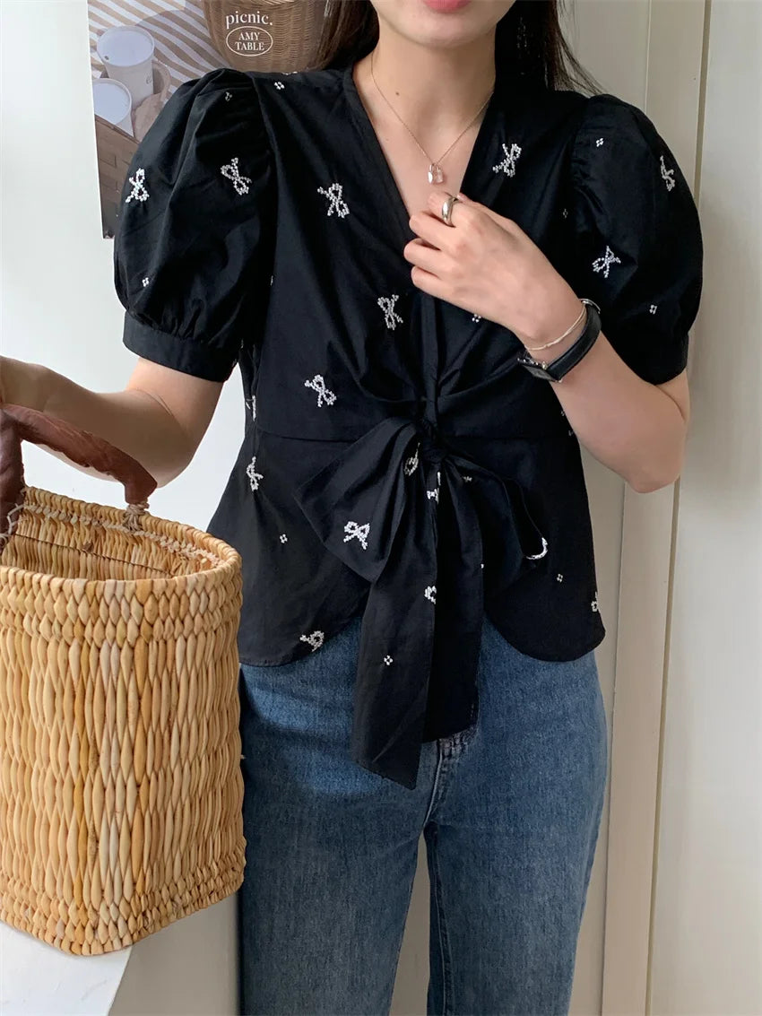 Stylish Vneck Sweet Blouses Summer Florals Half Sleeve Gentle Office Lady Slim Mujer High Street